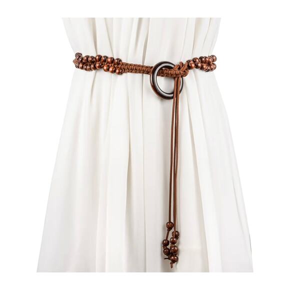 Bohemian-Style Sash Belt Wooden Beaded Chain Wooden Ring Leather Tie Closure OS - Picture 1 of 10